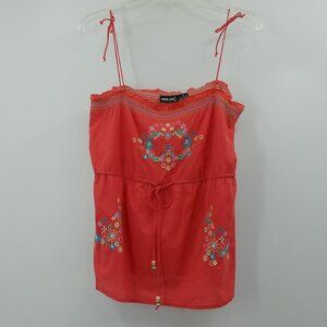 Vintage Y2k Wet Seal Babydoll Cami Top Sz S Coral Floral Embroidered Tie Strap
